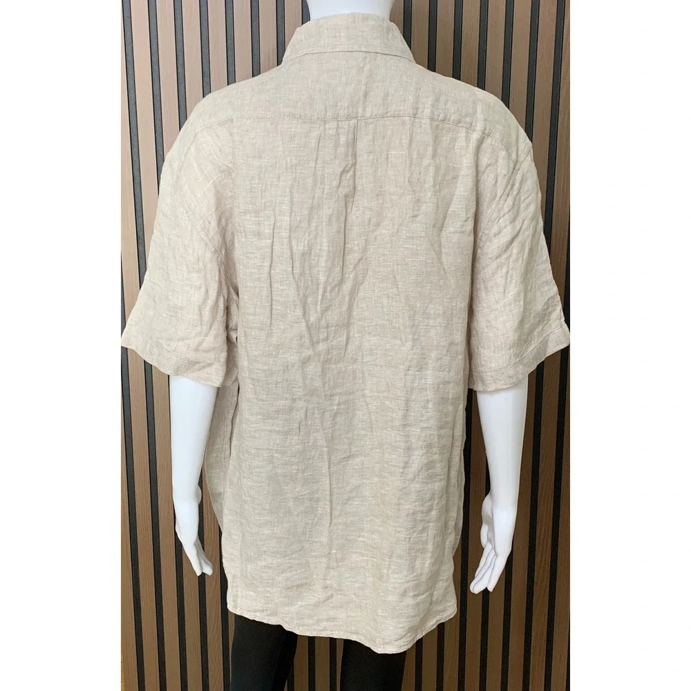 Thom Aaron Mens XL Linen Short Sleeve Button Down Shirt Beige Oatmeal Casual